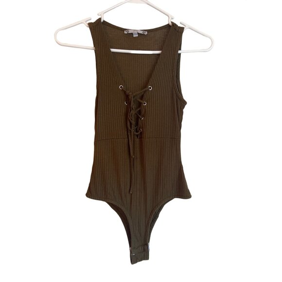 Ribbed Olive Green Lace-Up Bodysuit By Iris Sleeveless Medium Fit Snap Closure S - Picture 1 of 5